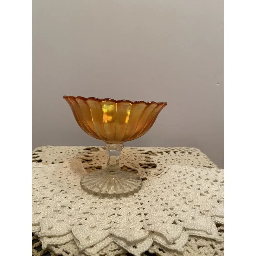 Vintage Iridescent‎ Marigold Glass Compote Footed RIBBED Scallop Edge Pattern 4